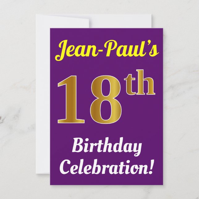 Purple, Faux Gold 18th Birthday Celebration + Name Invitation (Front)