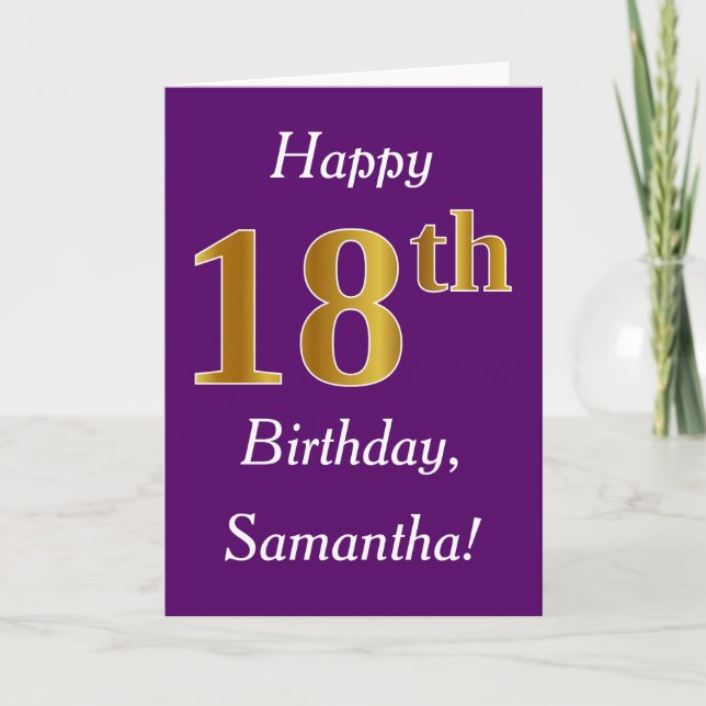 Purple, Faux Gold 18th Birthday + Custom Name Card (Front)