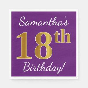 Purple, Faux Gold 18th Birthday + Custom Name Napkin