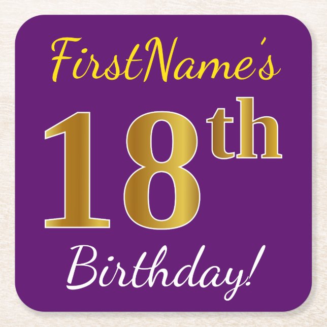 Purple, Faux Gold 18th Birthday + Custom Name Square Paper Coaster (Front)