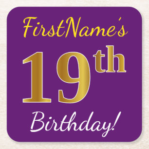 Purple, Faux Gold 19th Birthday + Custom Name Square Paper Coaster