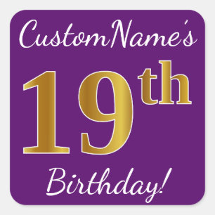 Purple, Faux Gold 19th Birthday + Custom Name Square Sticker