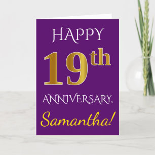 Purple, Faux Gold 19th Wedding Anniversary + Name Card