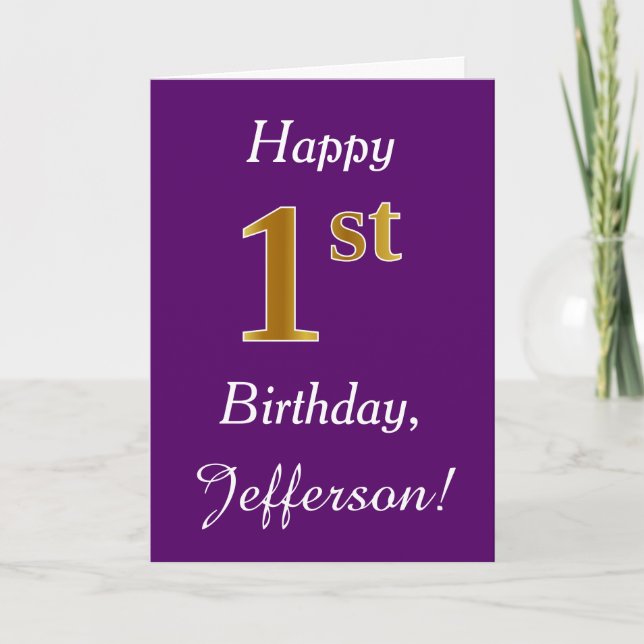 Purple, Faux Gold 1st Birthday + Custom Name Card (Front)