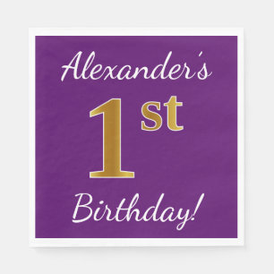 Purple, Faux Gold 1st Birthday + Custom Name Napkin