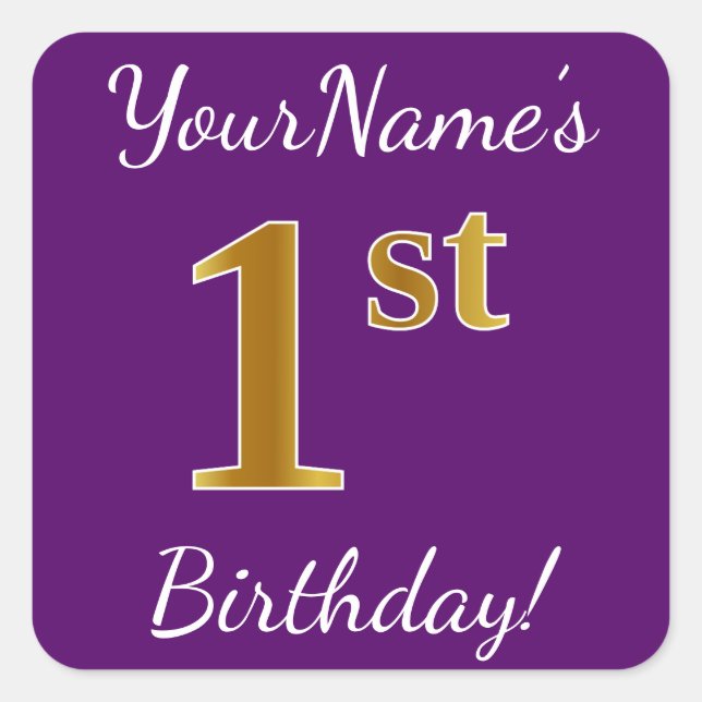Purple, Faux Gold 1st Birthday + Custom Name Square Sticker (Front)