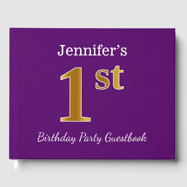 Purple, Faux Gold 1st Birthday Party + Custom Name Guest Book (Front)