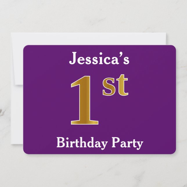 Purple, Faux Gold 1st Birthday Party + Custom Name Invitation (Front)