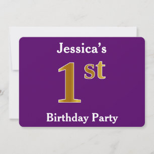 Purple, Faux Gold 1st Birthday Party + Custom Name Invitation