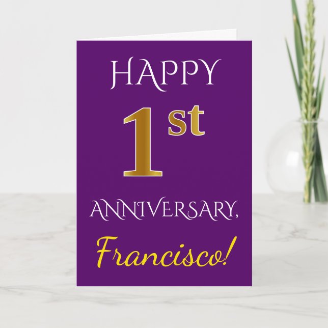 Purple, Faux Gold 1st Wedding Anniversary + Name Card (Front)