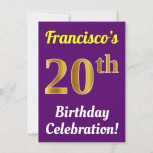Purple, Faux Gold 20th Birthday Celebration + Name Invitation