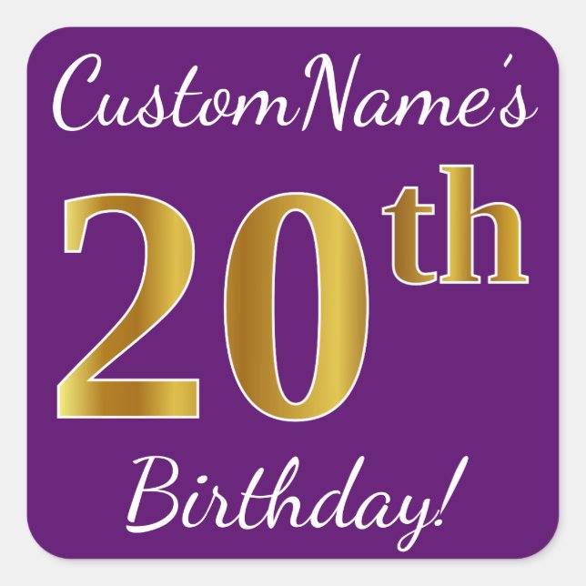 Purple, Faux Gold 20th Birthday + Custom Name Square Sticker (Front)