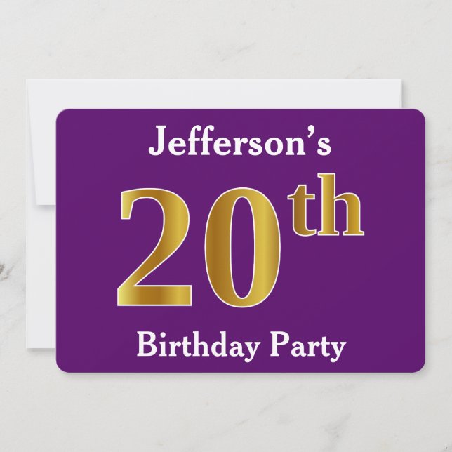 Purple, Faux Gold 20th Birthday Party; Custom Name Invitation (Front)
