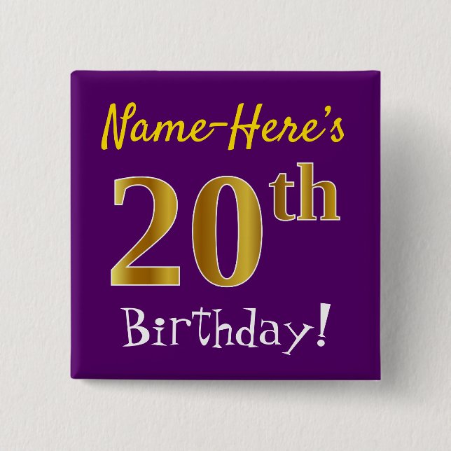 Purple, Faux Gold 20th Birthday, With Custom Name 15 Cm Square Badge (Front)