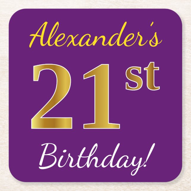 Purple, Faux Gold 21st Birthday + Custom Name Square Paper Coaster (Front)