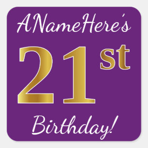 Purple, Faux Gold 21st Birthday + Custom Name Square Sticker