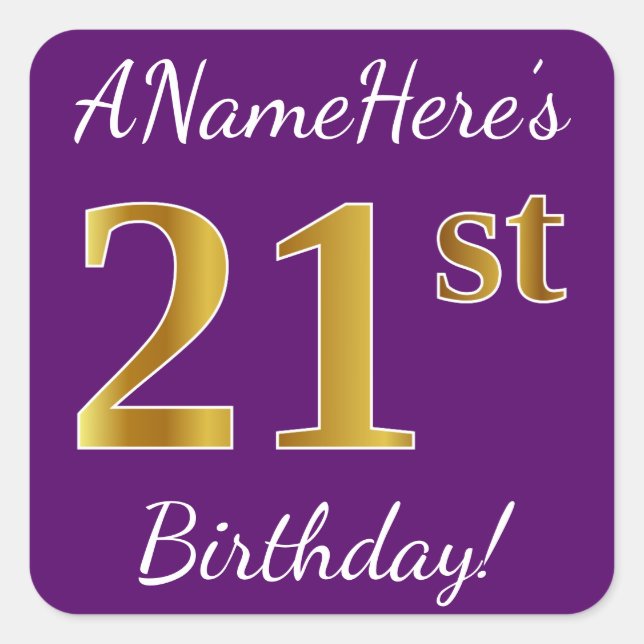 Purple, Faux Gold 21st Birthday + Custom Name Square Sticker (Front)