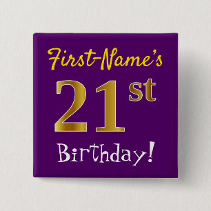 Purple, Faux Gold 21st Birthday, With Custom Name 15 Cm Square Badge