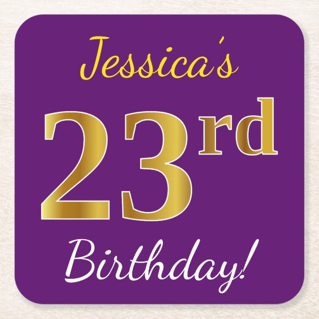 Purple, Faux Gold 23rd Birthday + Custom Name Square Paper Coaster (Front)