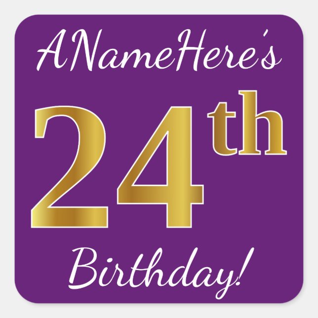 Purple, Faux Gold 24th Birthday + Custom Name Square Sticker (Front)