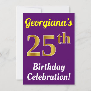 Purple, Faux Gold 25th Birthday Celebration + Name Invitation