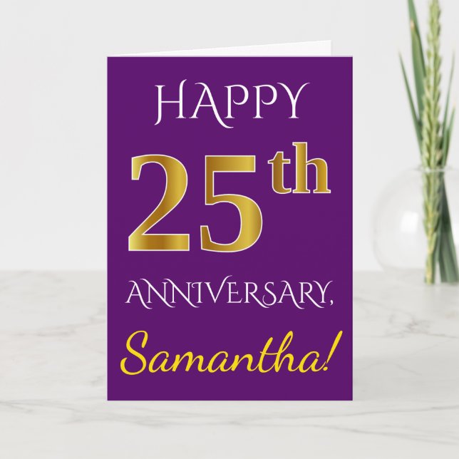 Purple, Faux Gold 25th Wedding Anniversary + Name Card (Front)