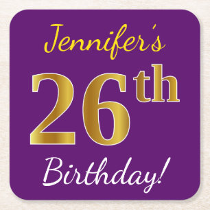 Purple, Faux Gold 26th Birthday + Custom Name Square Paper Coaster