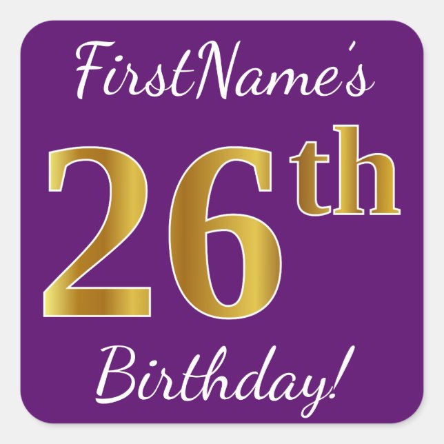 Purple, Faux Gold 26th Birthday + Custom Name Square Sticker (Front)