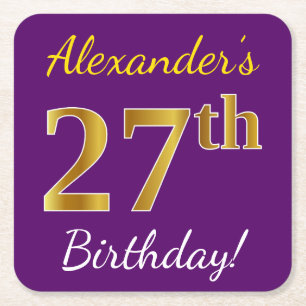 Purple, Faux Gold 27th Birthday + Custom Name Square Paper Coaster