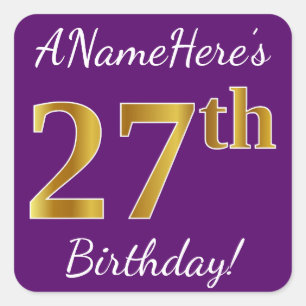 Purple, Faux Gold 27th Birthday + Custom Name Square Sticker