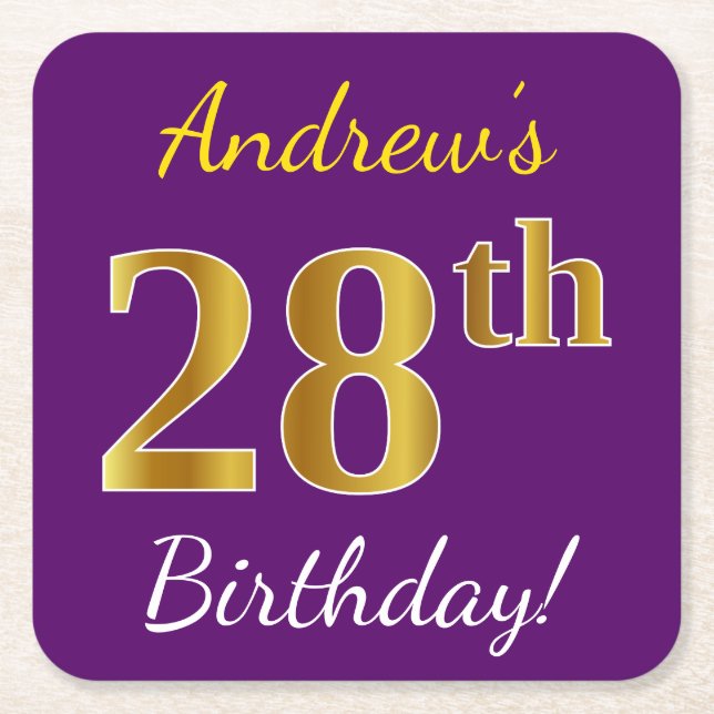 Purple, Faux Gold 28th Birthday + Custom Name Square Paper Coaster (Front)