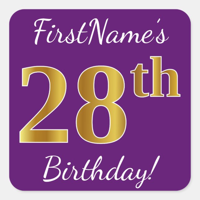 Purple, Faux Gold 28th Birthday + Custom Name Square Sticker (Front)