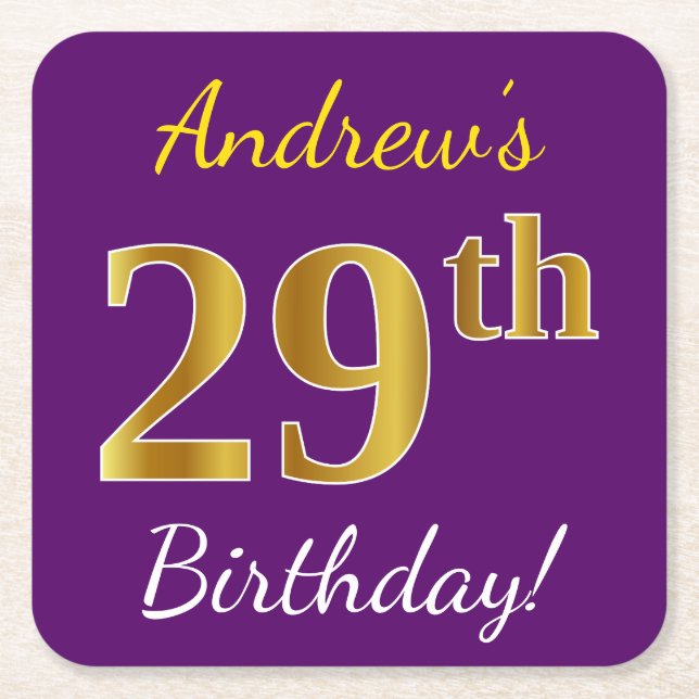Purple, Faux Gold 29th Birthday + Custom Name Square Paper Coaster (Front)
