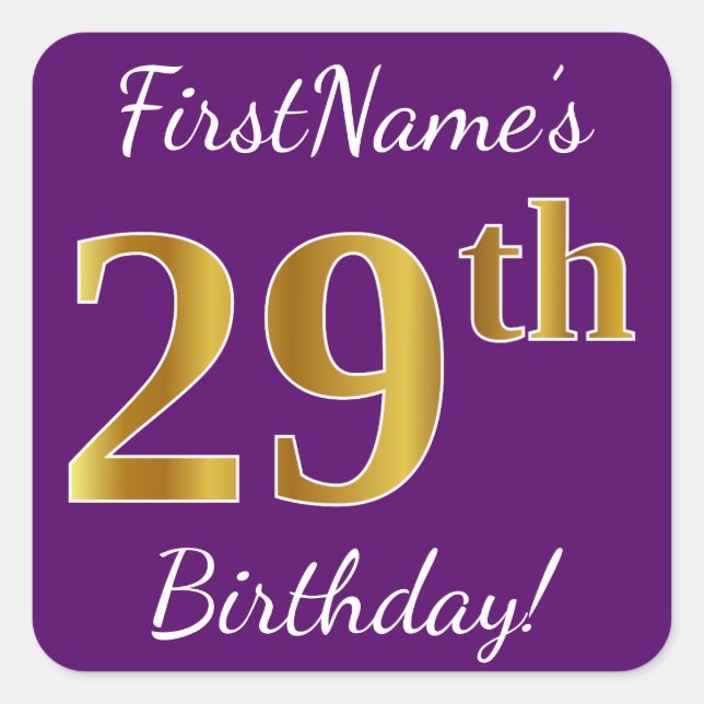Purple, Faux Gold 29th Birthday + Custom Name Square Sticker (Front)