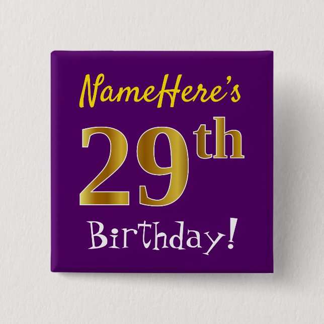 Purple, Faux Gold 29th Birthday, With Custom Name 15 Cm Square Badge (Front)