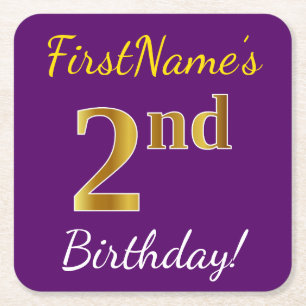 Purple, Faux Gold 2nd Birthday + Custom Name Square Paper Coaster
