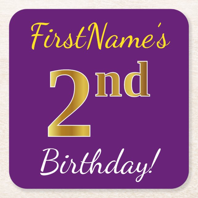 Purple, Faux Gold 2nd Birthday + Custom Name Square Paper Coaster (Front)