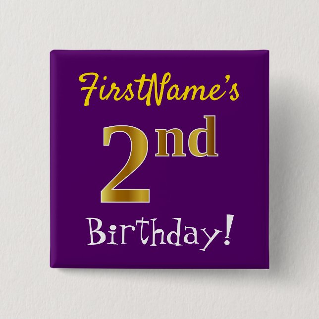 Purple, Faux Gold 2nd Birthday, With Custom Name 15 Cm Square Badge (Front)