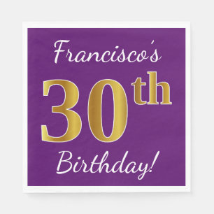 Purple, Faux Gold 30th Birthday + Custom Name Napkin