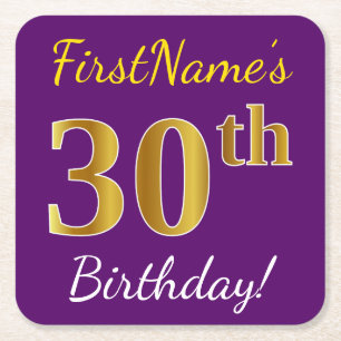 Purple, Faux Gold 30th Birthday + Custom Name Square Paper Coaster