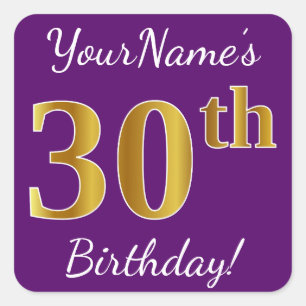 Purple, Faux Gold 30th Birthday + Custom Name Square Sticker