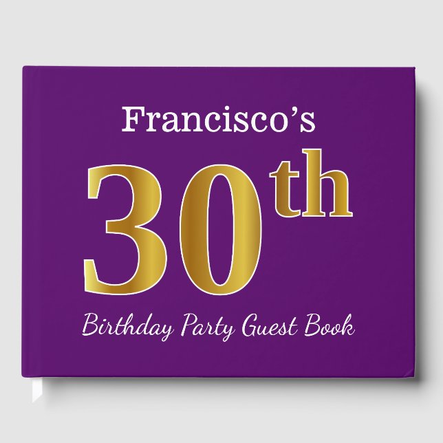 Purple, Faux Gold 30th Birthday Party; Custom Name Guest Book (Front)