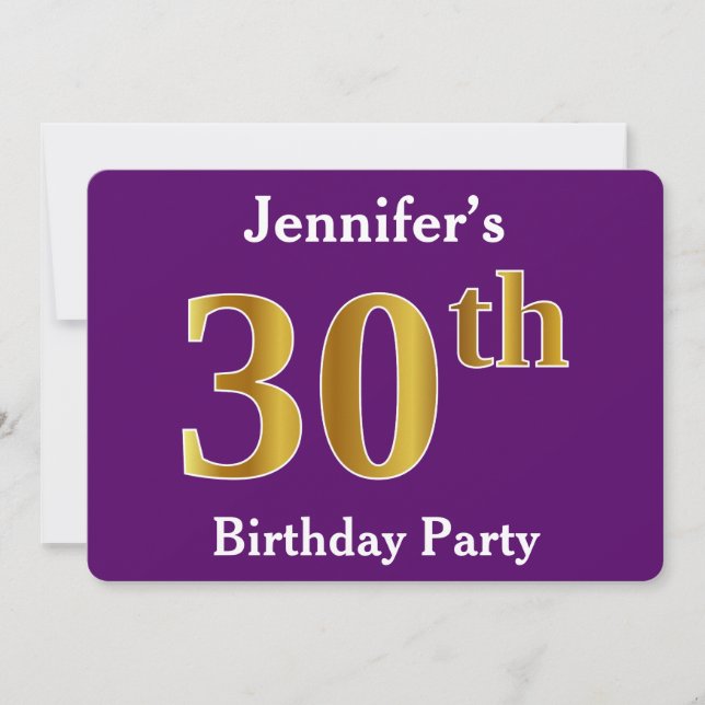 Purple, Faux Gold 30th Birthday Party; Custom Name Invitation (Front)