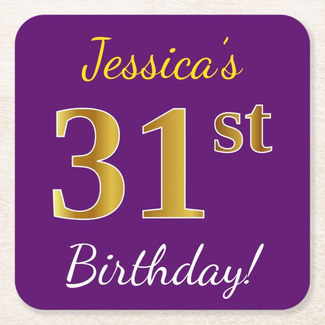 Purple, Faux Gold 31st Birthday + Custom Name Square Paper Coaster (Front)