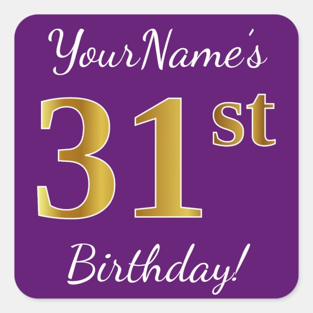 Purple, Faux Gold 31st Birthday + Custom Name Square Sticker (Front)