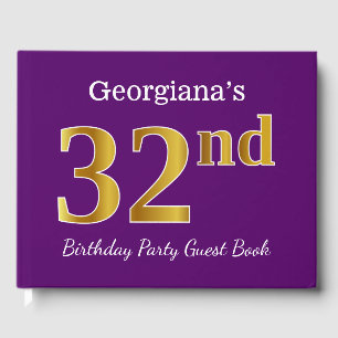 Purple, Faux Gold 32nd Birthday Party; Custom Name Guest Book
