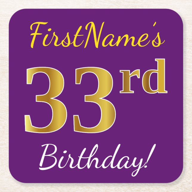 Purple, Faux Gold 33rd Birthday + Custom Name Square Paper Coaster (Front)
