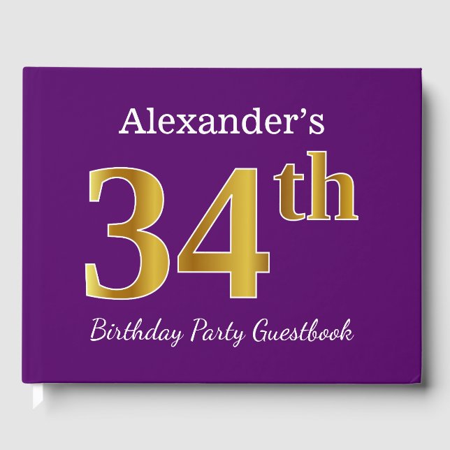 Purple, Faux Gold 34th Birthday Party; Custom Name Guest Book (Front)