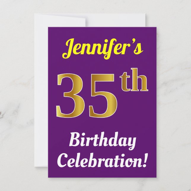 Purple, Faux Gold 35th Birthday Celebration + Name Invitation (Front)