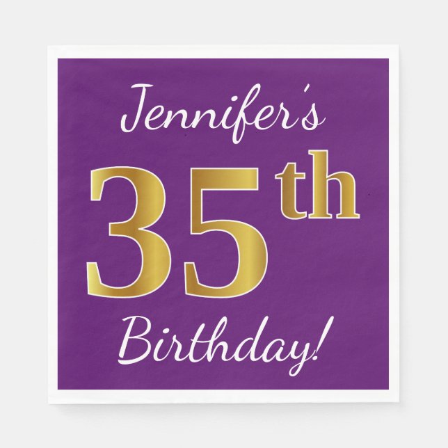 Purple, Faux Gold 35th Birthday + Custom Name Napkin (Front)